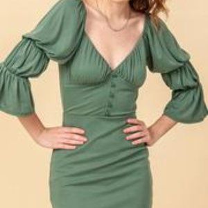 SHIRRED SLEEVE DRESS WITH FRONT BUTTON DETAIL